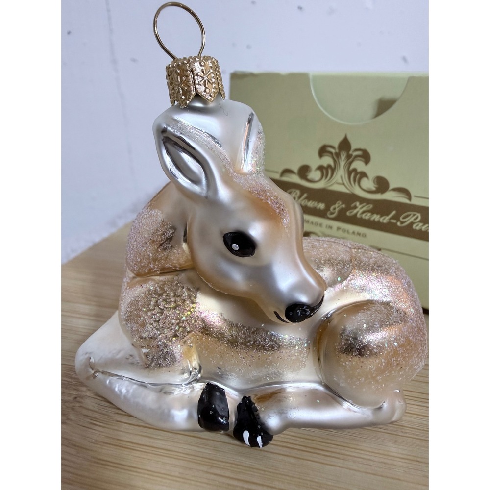Impuls Glass Christmas Ornament Deer Fawn Gold Glitter Hand Painted Poland Boxed